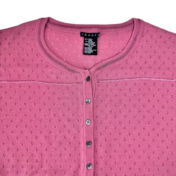 THEORY Wool Henley Sweater Sz.M Pointelle Knit Pink Preppy Lightweight Cottage - Picture 7 of 10